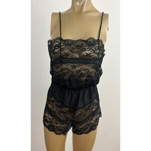 Vintage Nan Flower Women's S 100% Nylon Black Lingerie Romper Teddy Sissy 34" B